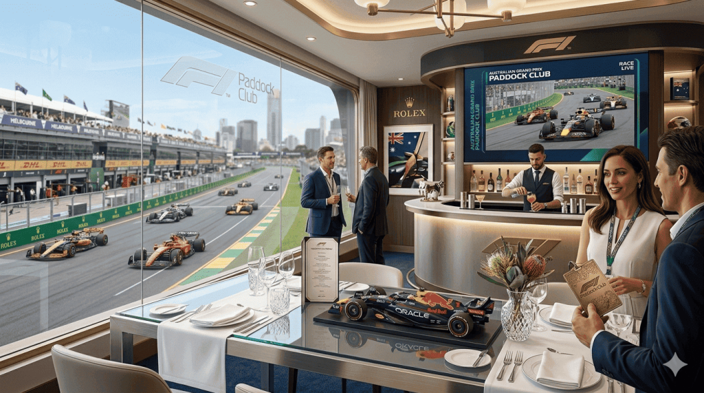 Australian Grand Prix 2026 Paddock Club hospitality at Albert Park Circuit featuring VIP terrace viewing above team garages