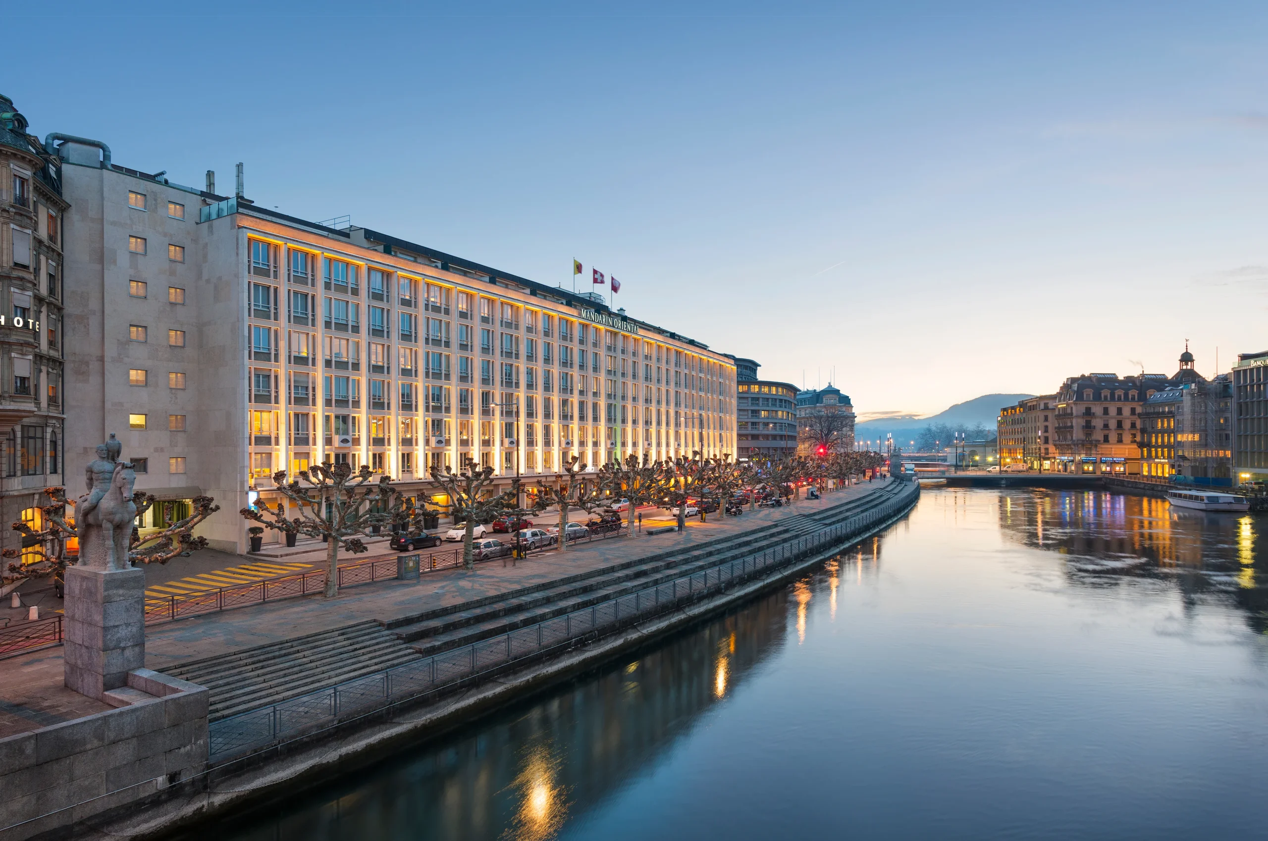 Mandarin Oriental Geneva overlooking the Rhône River with elegant architecture and refined luxury ambiance