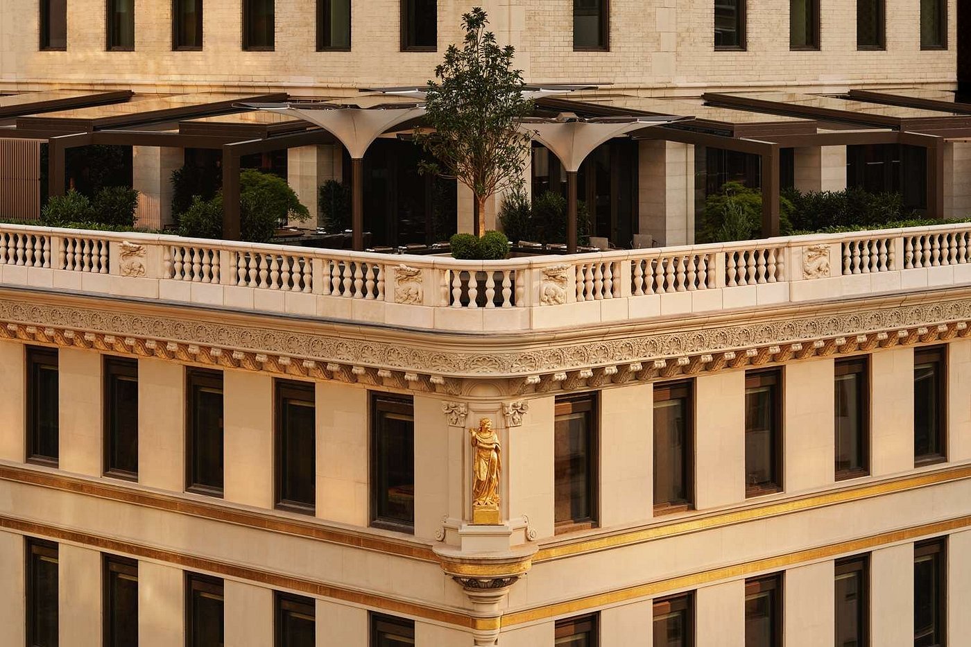 Aman New York luxury hotel suite interior with serene minimalist design in Manhattan skyline setting
