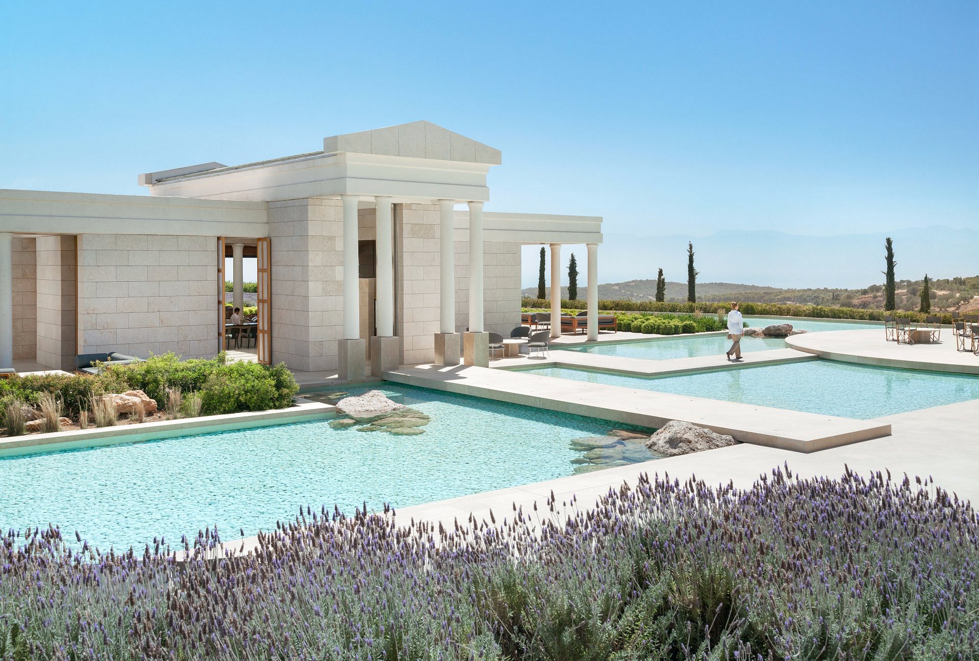 Luxury Amanzoe resort overlooking the Aegean Sea in Porto Heli, Greece