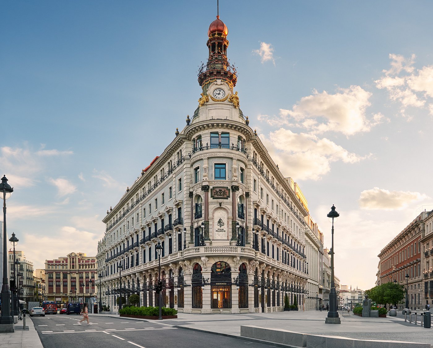 Four Seasons Hotel Madrid façade showcasing historic architecture and luxury elegance in the heart of Madrid, Spain.